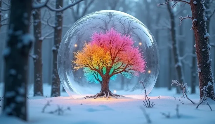 "Create a fantastical winter scene featuring a large, transparent orb resting on a snowy forest floor. Inside the orb, depict a vibrant, multi-colored tree with branches that transition through a spectrum of rainbow hues. Surround the orb with bare, frost-...