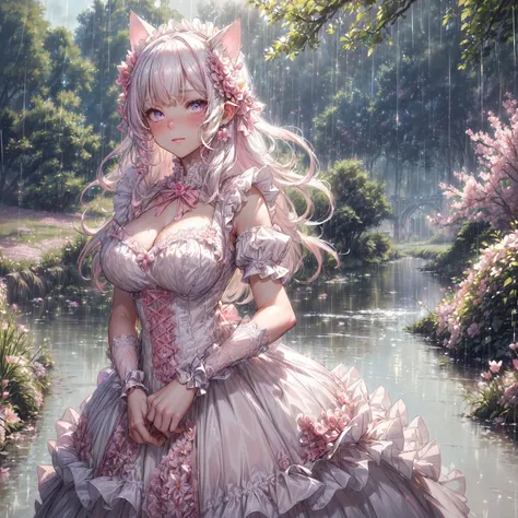 (cat girl, solo focus:1.5), beautiful gorgeous captivating cute adorable princess, (blushing:1.5), nose blush, (pink eyes:1.5) , (((hyper detail delicate beautiful eyes , big eyes, clear eyes, extremely detailed))), (soft thin lines:1.2, beautiful, delicat...