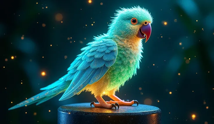 "Design a luminous, neon-colored parrot standing on a pedestal, with intricate, glowing feathers that shimmer in hues of blue, green, and gold. The parrot should have a playful expression and be surrounded by a dark, mystical background filled with sparkli...