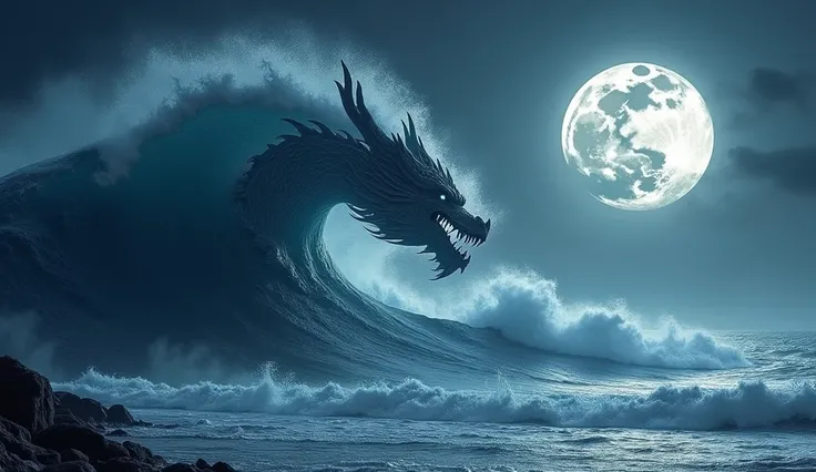 "Design a dramatic seascape featuring a massive wave shaped like a dragon, crashing against the shore under a full moon. The wave should have intricate, scaly details and a fierce, dragon-like head. The moon should cast a silvery glow on the water, creatin...