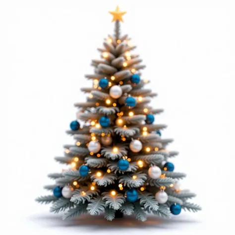  lights Make a Christmas tree with a zoom ,  the ornaments on the tree must be white, navy blue and gold. It must contain some . make on a white background, png style