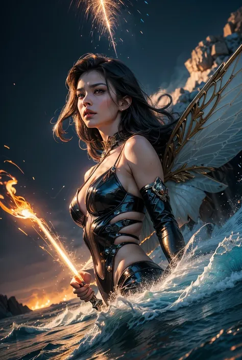 Close up,((Best quality, 8k, 32k, masterpiece,RAW photo, (realistic, photo-realistic:1.3),best quality,highly detailed,masterpiece,ultra-detailed)) , ((powerful sorceress, casting magic), A captivating fairy of ice, lava, and tsunami: soaring upward on bio...