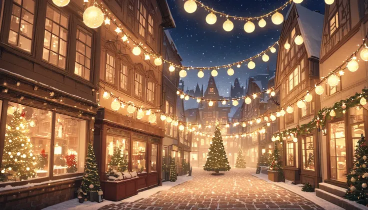 A cozy European-style town square at night, illuminated with warm, glowing Christmas lights. Strings of fairy lights hang between the buildings, and shop windows display festive decorations with wreaths, garlands, and ornaments. A large Christmas tree stan...