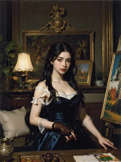 (Oil painting: 1.5),



A woman with long black hair, (a detailed painting: 0.353), (Gothic art: 0.106), Dress