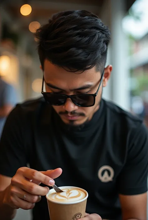 portrait of 25 year old Indonesian man with thick hair, branded black shirt, sunglasses, short undercut, making coffee, Nikon D850 Sigma 105 mm f/1.4 DG HSM art