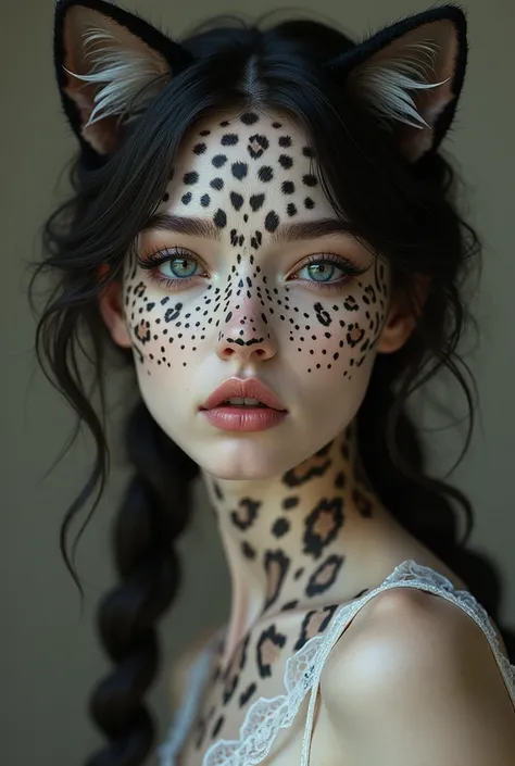 Full-length man, Hyper-realistic fantasy portrait of a woman with striking feline features. Her face is adorned with leopard print, blending perfectly with her smooth, pale skin.