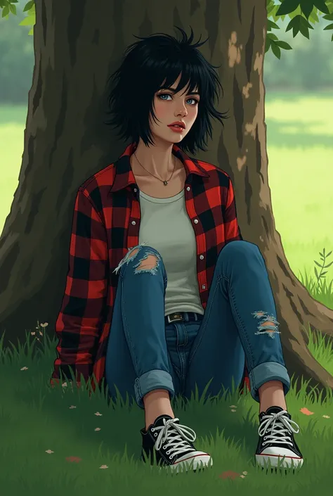 seorang wanita, with emo style hair , mengenakan flanel robek dipadu skinny jeans dan sneaker lusuh,  slightly looks masculine ,  sits leaning under a lush tree with an expanse of green grass,  his face is calm full of deepening with the music he is playin...