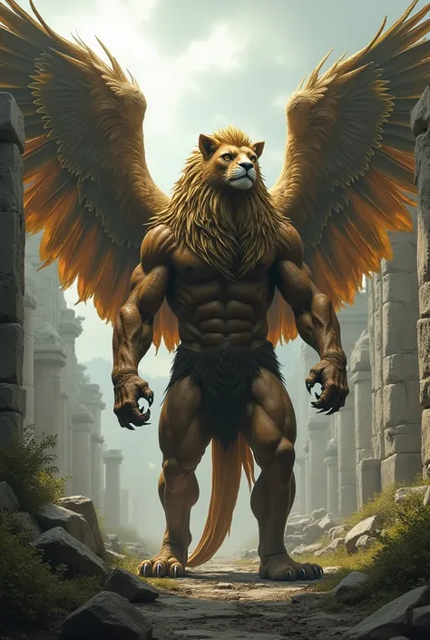 " A majestic being and powerful that combines the majesty of a lion and an eagle , with muscular human body.  The face has feline features ,  with penetrating eagle eyes ,  while its mane is mixed with gold and silver feathers that extend from its head to ...