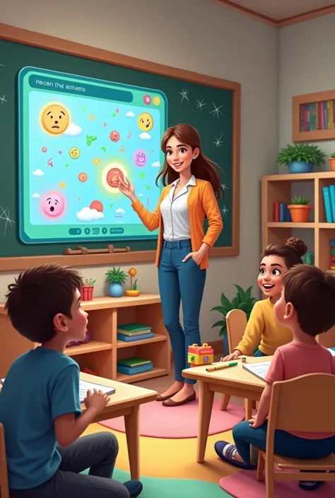  education classroom with small tables and chairs ,  a toy corner and another book corner . With a colorful carpet and a touch board .  Lots of young ren and a teacher guiding the teaching