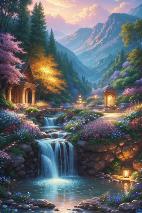 middle East、 no one、The city is shrouded in Gods glory、Shining like a jewel、Like Jasper〔Like crystal〕It was crystal clear.。 no one。Israel- Fantastic - Painting Style Waterfall Soft painting style Brightly colored Bright light a wonderful heavenly garden, r...