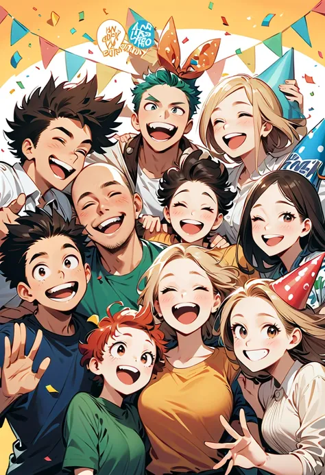 charcters, happy,celebration, , manga, manga cover style, Jumping style,  My Hero Academia, birthday hat, Party has, boys and girls, Celebration for the entry of a girl to the team, happy, Characters celebrating, confetes, all stand up, together, Same mang...