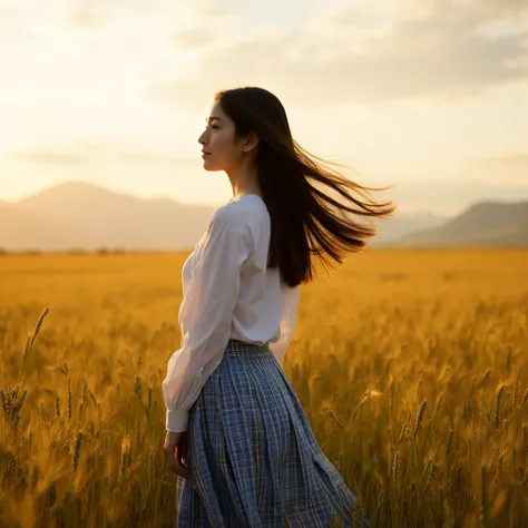 "A young woman stands gracefully in a vast golden wheat field, her long black hair flowing gently in the breeze. She is wearing a crisp white blouse paired with a neatly pleated blue checkered skirt that sways subtly with the wind. The golden wheat stalks ...