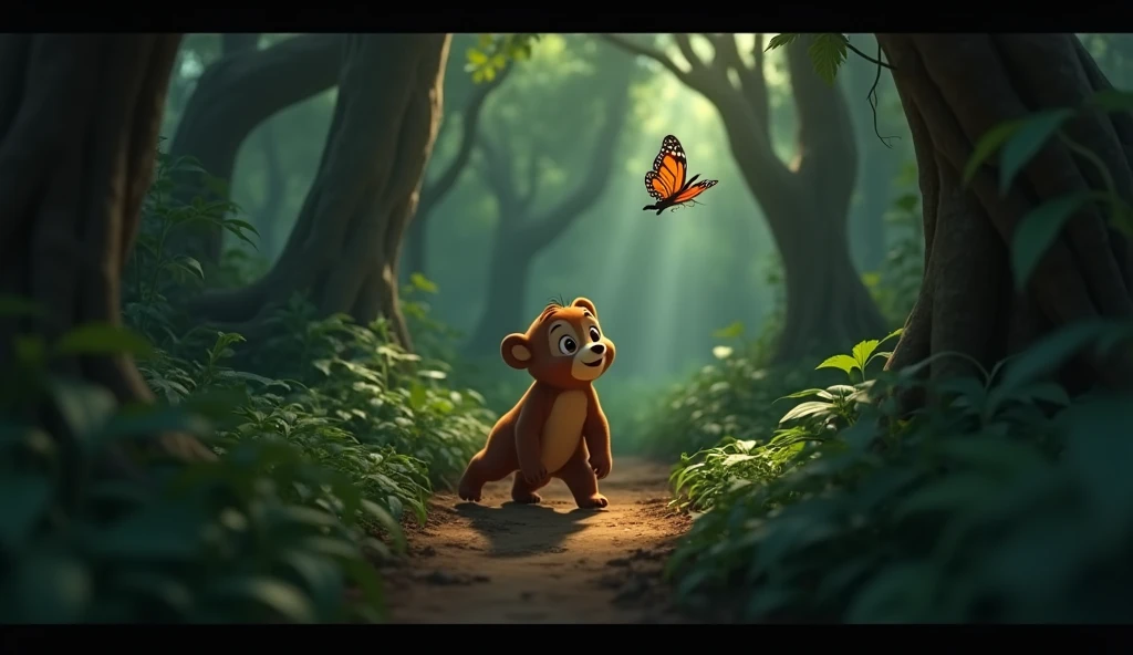 In the dense jungle, the bear cub with soft brown fur and curious eyes continues to chase the butterfly deeper into a darker part of the forest. Tall, twisted trees cast eerie shadows, and the cub looks both excited and slightly hesitant as it moves forwar...