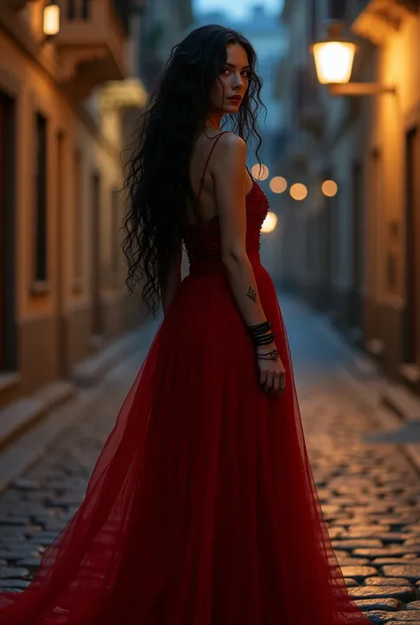 Beautiful lady rapunzel gipsy with very long black hair ,  dressed in a long gipsy silk red dress under the light in the night street