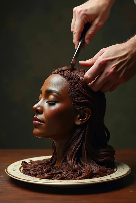 A brownie cake in the shape of an intact long-haired Indonesian beautiful womans head is placed on a ceramic plate, an old man is cutting off the top of his head 