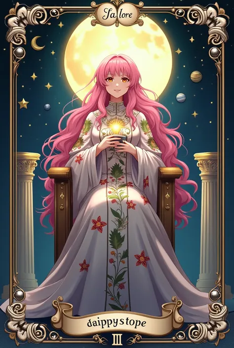  detailed、 Megurine Luca 「Female Pope」 } It is exquisitely decorated with a crescent moon pattern 。 she says 、 The long, wavy pink hair flows gracefully 、 She is smiling and happily smiling and making peace with her other hand {x} wears a national costume ...