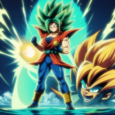 dbsuper style, 
Girl, green aura, super saiyan aura, belt, ocean-green colored hair, huge hair, bruise, bruise on face, clenched hands, frown, Mages hat, gloves, blue eyes, grey gloves, evil grin, medium breasts, huge muscular, solo, spiked hair, super sai...