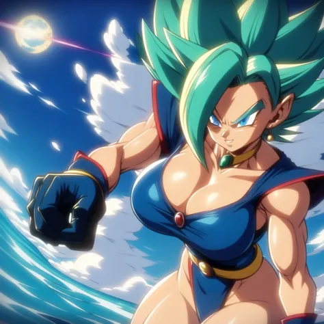 dbsuper style, 
Girl, green aura, super saiyan aura, belt, ocean-green colored hair, huge hair, bruise, bruise on face, clenched hands, frown, Mages hat, gloves, blue eyes, grey gloves, evil grin, medium breasts, huge muscular, solo, spiked hair, super sai...