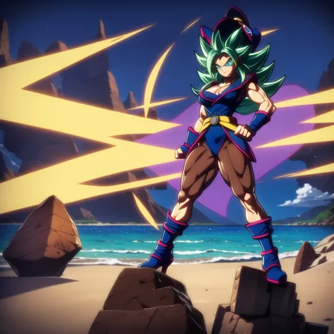 dbsuper style, 
Girl, green aura, super saiyan aura, belt, ocean-green colored hair, huge hair, bruise, bruise on face, clenched hands, frown, Mages hat, gloves, blue eyes, grey gloves, evil grin, medium breasts, huge muscular, solo, spiked hair, super sai...