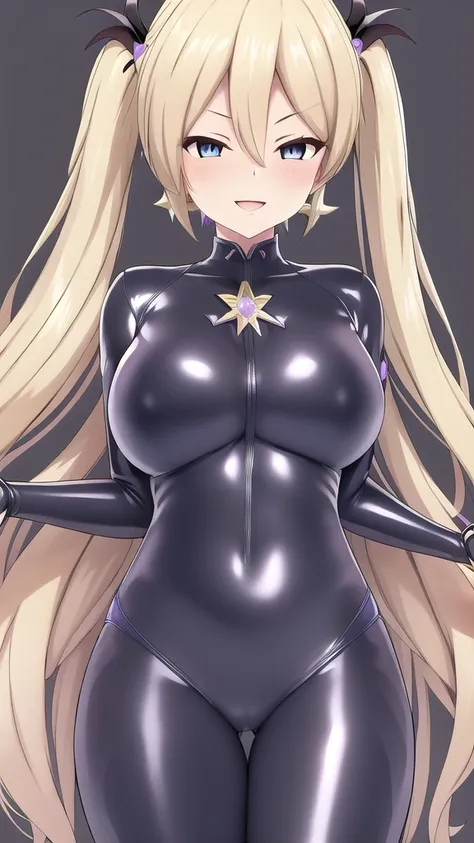   erotic、Rosalina、Blonde twin tails and voluminous、Big Breasts, Alone,  black and light blue latex competitive swimsuit　Hydra Suit,  Purple Wicked Background 、  best quality,  detailed face ,  detailed eyes on board,  high definition ,、 Evil Evil Female Ex...