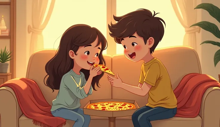  Illustration of a boy and a short one , with simple and cute strokes,  minimalist and nostalgic style ,  similar to the Amar is ... from the 70s .  Both are seated on a couch with a pizza box on the table in front .  A holds the last piece of pizza with a...