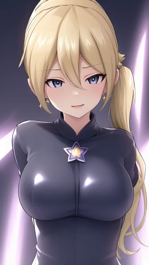   erotic、Rosalina、 blonde side ponytail、Big Breasts, Alone, black and light blue latex bondage,  Purple Wicked Background 、  best quality,  detailed face ,  detailed eyes on board,  high definition ,、 Evil Evil Female Executive、Glare、smile、Contempt、Disgust...