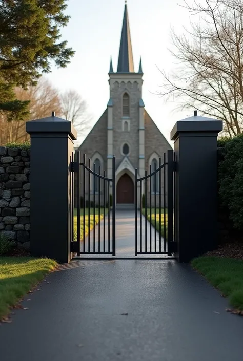 On a road. Background for black color Stainless Steel Designer Gate. Gate back in church 