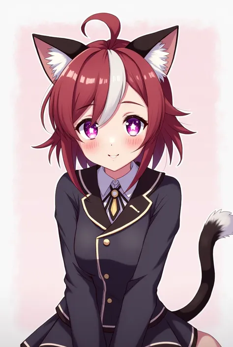 Anime girl with reddish brown hair with a white streak and purple eyes like the galaxy and a star in the middle with cat ears and a tail wearing my hero academy uniform 
