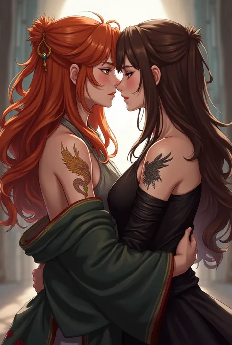  Make me 2 heroines that kiss .
A heroine has open ginger hair ,  amber colored eyes and wear a wise robe that is exposed on the shoulder so that you can see their tattoo. The other heroine has long brown hair ,  deep blue eyes and wears a black robe that ...