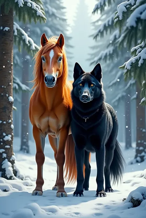 A fox colored horse and a black dog in a snowy forest