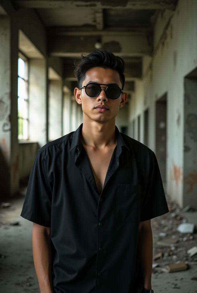 portrait of 25 year old Indonesian man with thick hair, branded black shirt, sunglasses, short undercut, standing, abandoned building background, Nikon D850 Sigma 105 mm f/1.4 DG HSM art