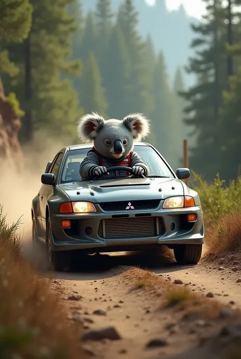 Un koala qui conduit un lancer Mitsubishi evo 5 gris 2001