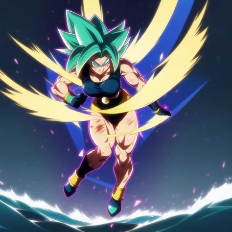 dbsuper style, 
Girl, green aura, super saiyan aura, belt, ocean-green colored hair, huge hair, bruise, bruise on face, clenched hands, frown, Mages hat, gloves, blue eyes, grey gloves, evil grin, medium breasts, huge muscular, solo, spiked hair, super sai...