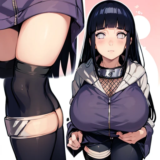  Close-up of Hinata Hyuga , Naruto Shippuden,  long black hair with bangs , grey eyes,  cute and detailed face , smooth skin,   huge bust and heavy slender body, hoodie ,Bandana,  and tights ,  short, leg brace , , shy and sexy , 