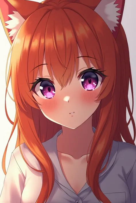 Solo focus, anime girl, orange hair, purple eyes, Neko Race , looking at viewerSeios grandes, Blush,  plain background, Backlighting,  AnimeFish Eye Lens, 