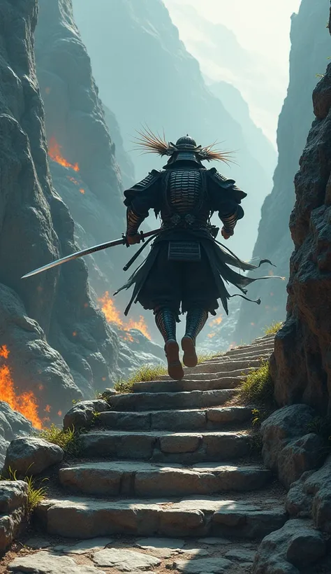 Japanese samurai running up the stone steps as if charging towards us, the sense of speed, the burning flames, the samurai stumbling on the stairs in too much of a hurry, the ultra-realistic style, the perfect composition,