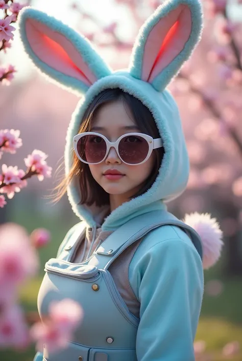 A young woman in a light blue bunny costume with sunglasses body picture and a Armor west and cherries 