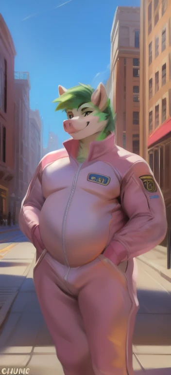 Solo, female Tall​, standing, street,Pig ,pink military spacesuit, overweight, big muscular, smirking, Green curls, by chunie