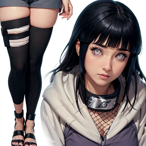  Close-up of Hinata Hyuga , Naruto Shippuden,  long black hair with bangs , grey eyes,  cute and detailed face , smooth skin,   huge bust and heavy slender body, hoodie ,Bandana,  and tights ,  short, leg brace , , shy and sexy , 