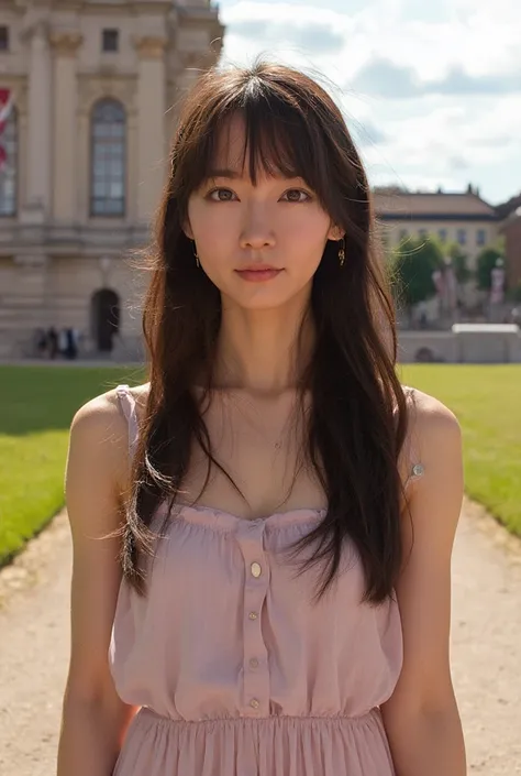 Masterpiece, Best quality, Photorealistic, Ultra-detailed, fine detail, high resolution, 8K wallpaper, 1 beautiful Chinese woman,long hair,cute,erotic atomosphere, Wear casual modest summer dress, In Vienna, she is standing in front of Schönbrunn Palace, d...