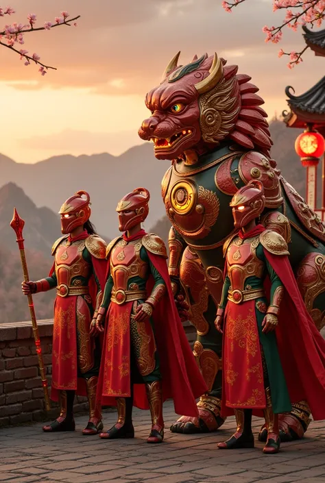 A Unique Artistic Representation of Chinese Soldiers and Iconic Animals in a Futuristic World

The soldiers’ armor fuses advanced technology with traditional Chinese artistry. Metallic red serves as the base color, accented with jade green and gold, repres...