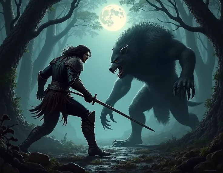 Trevor Belmont with a whip fighting a werewolf in a forest, castlevania