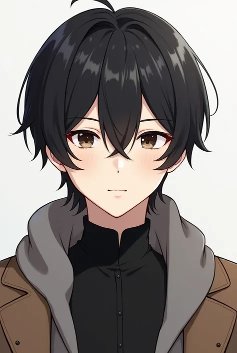 Handsome adult male with black hair, 2D illustration , Dark brown eyes ,  Short bangs that completely cover the forehead up to the eyebrows, , short hair with straight hair , white skin, affectionate face, A face with a pulpit ,  black shirt and brown coat...