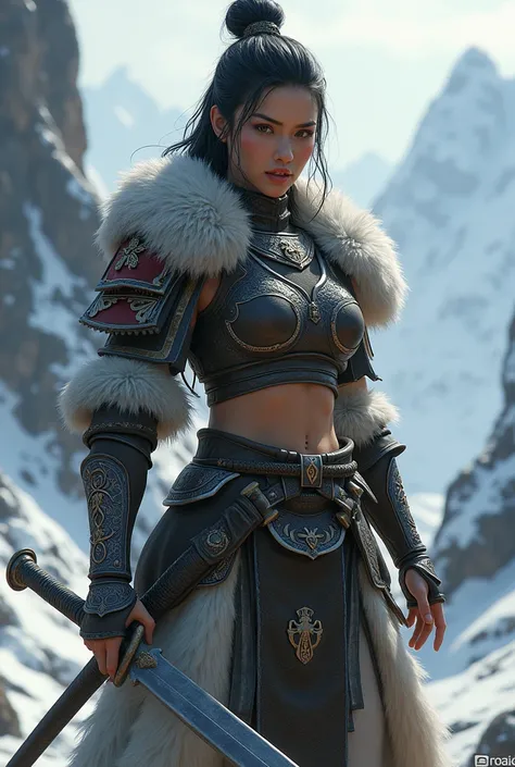  An Asian warrior woman, Wears fur armor  