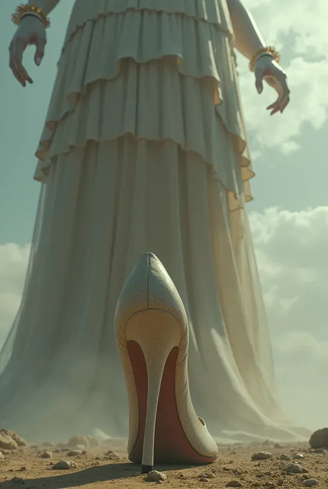 a view under  a beautiful giant woman, is going steping on me (camera view ) with here heel, The image should be taken from below and facing upwards  exactly under  woman , and her face is visable