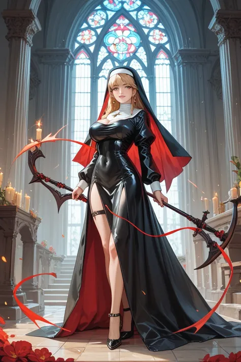 1 , Solo, Cabelo comprido, Seios, Cabelo loiro, Demon hunting nun with a bow and arrows, she wears a long black dress and has large breasts full body
