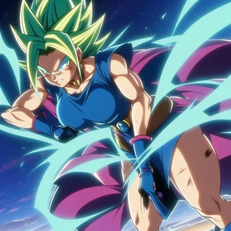 dbsuper style, 
Girl, green aura, super saiyan aura, belt, ocean-green colored hair, huge hair, bruise, bruise on face, clenched hands, frown, Mages hat, gloves, blue eyes, grey gloves, evil grin, medium breasts, huge muscular, solo, spiked hair, super sai...