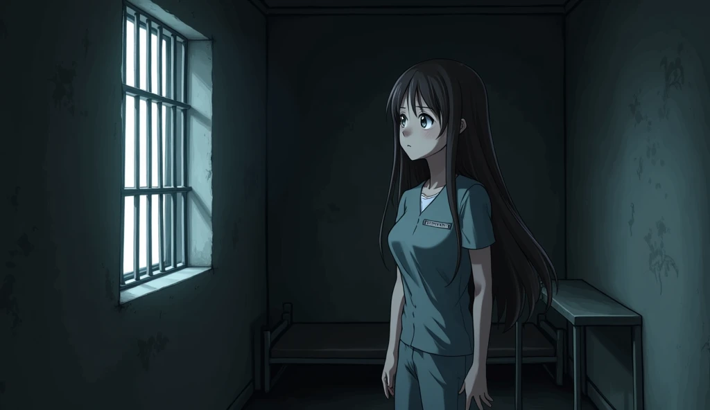 "A somber and emotional scene inside a prison cell. Minta, dressed in a plain prison outfit, stands by the small barred window of her cell. Her eyes are wide open, staring blankly outside as she contemplates her fate. Her expression is one of realization, ...