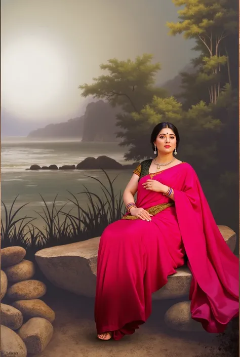 painting of a woman in a pink sari sitting on a rock, a portrait inspired by Raja Ravi Varma, cg society contest winner, realism, dressed in a sari, as a painting, portrait photo of a backdrop, portrait of modern darna, advertising photo, classic portrait,...