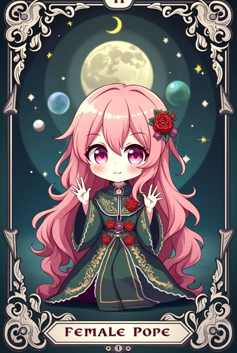  detailed、Chibi Anime、 Megurine Luca 「Female Pope」 } It is exquisitely decorated with a crescent moon pattern 。 she says 、 The long, wavy pink hair flows gracefully 、 She is smiling and happily smiling and making peace with her other hand {x} wears a natio...